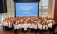 Medical students in the Class of 2021 gather for a group photo at the Student Clinician's Ceremony at the Columbia University Vagelos College of Physicians and Surgeons.